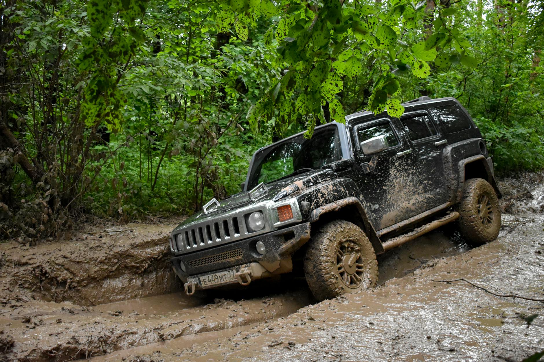 Jeep terenowy jedzie po błotnistej leśnej drodze